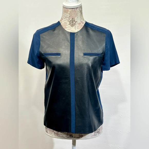 RAOUL Navy blue silk and leather panel top size XS. - Picture 2 of 12